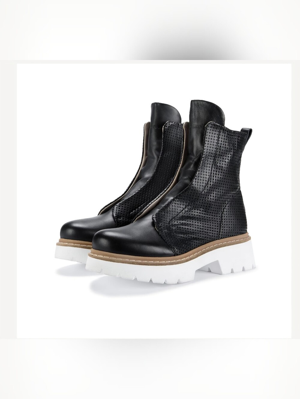 Genuine Leather Stylish Black Perforated Ankle Boots with White Lug Sole
